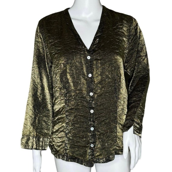 Cut Loose Shirt Womens Medium Green Iridescent Button Up Crinkle‎ Shimmer Artsy - Picture 1 of 8